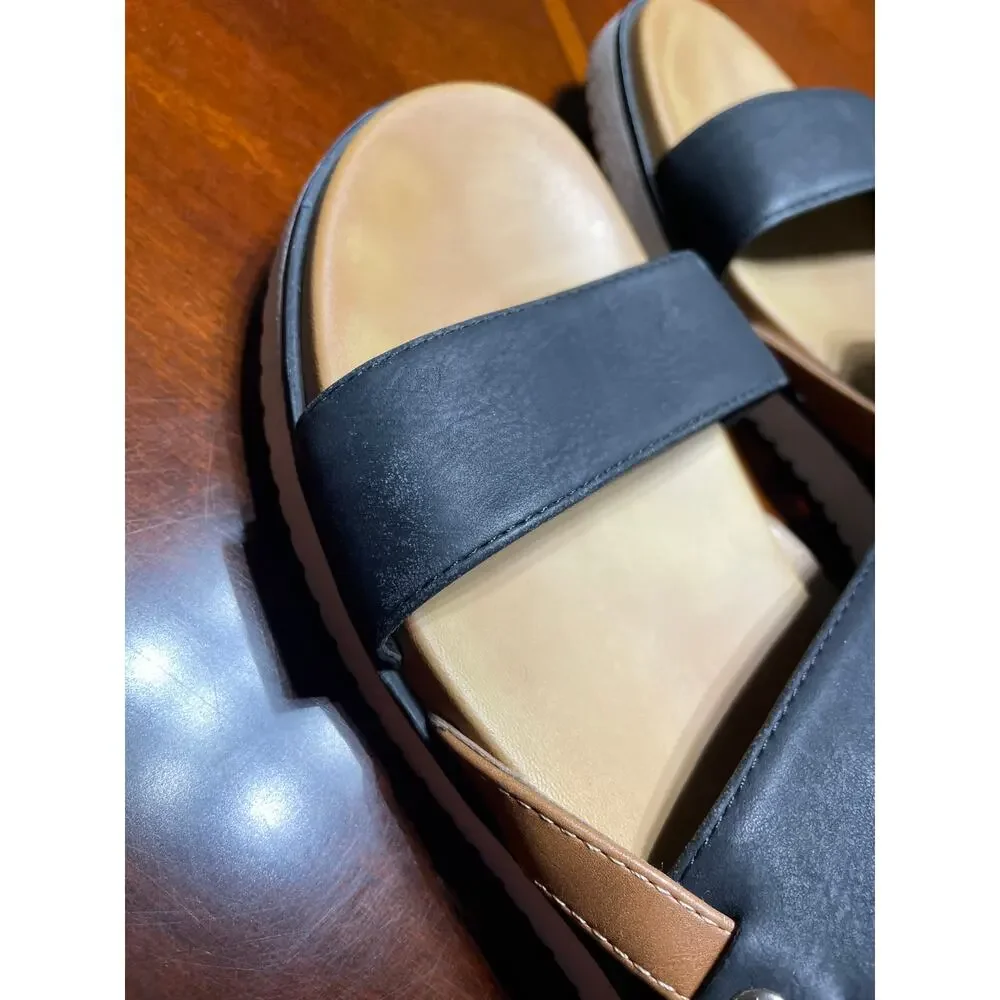 Call it Spring Women Sz 9 Sandals DoubleStrap Vegan Ankle Strap Buckle Black Tan - Picture 7 of 9